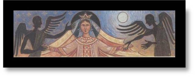 The bewitched princess is presented in a dark blue background, giving her hands to two black, winged figures presented in a profile view which in Byzantine iconography is reserved only for figures which represent evil forces 